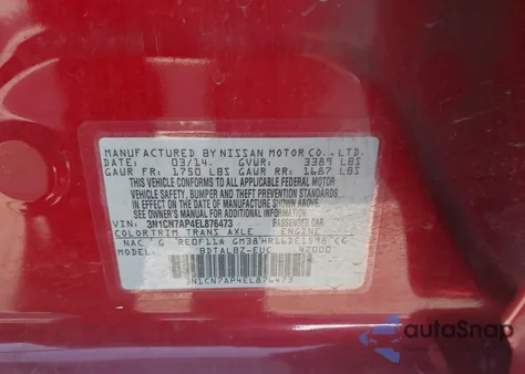 2014 Nissan Versa 1.6 Sv from USA, damaged, VIN 3N1CN7AP4EL876473
